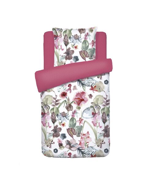 Housse de couette + taie d'oreiller satin de coton Exotique framboise - 140x200 cm + 63x63 cm