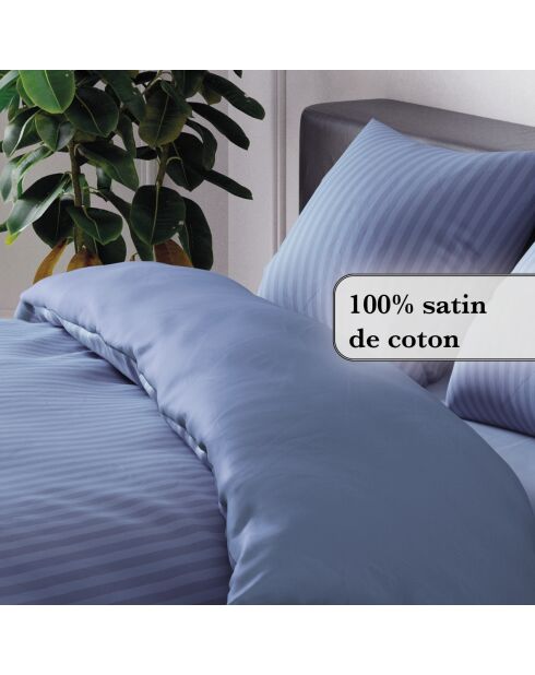 Copripiumino + 2 federe in raso di cotone a righe Jacquard blu intrecciato - 260x240 cm + 2x (63x63 cm)