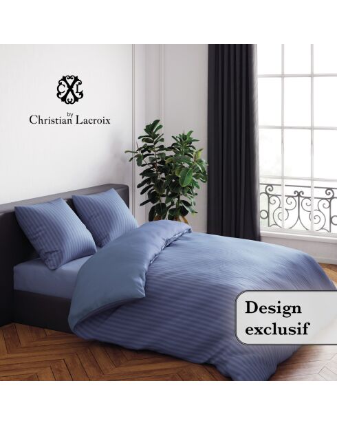 Copripiumino + 2 federe in raso di cotone a righe Jacquard blu intrecciato - 260x240 cm + 2x (63x63 cm)