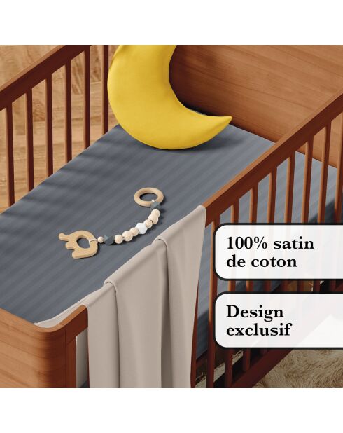 Bettbezug für Babys + Kissenbezug aus Baumwollsatin gestreifter Jacquard dunkelgrau - 100x135 cm + 40x60 cm