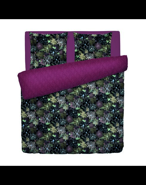 Housse de couette + taie d'oreiller satin de coton Fleurs pastel Noir - 240x220 cm + 2x(63x63 cm)
