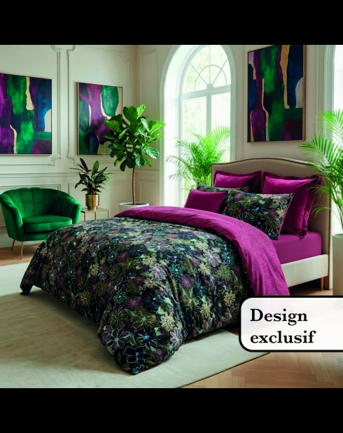 Housse de couette + taie d'oreiller satin de coton Fleurs pastel Noir - 240x220 cm + 2x(63x63 cm)
