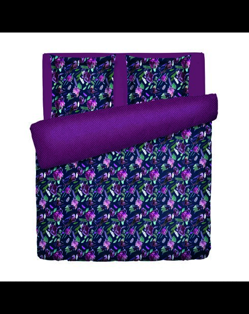 Housse de couette + taie d'oreiller satin de coton Arty flowers bleu foncé - 260x240 cm + 2x(63x63 cm)