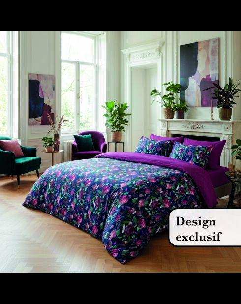 Housse de couette + taie d'oreiller satin de coton Arty flowers bleu foncé - 260x240 cm + 2x(63x63 cm)