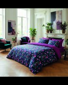 Dekbedovertrek + kussensloop katoensatijn Arty flowers donkerblauw - 240x220 cm + 2x (63x63 cm)