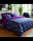 Dekbedovertrek + kussensloop katoensatijn Arty flowers donkerblauw - 240x220 cm + 2x (63x63 cm)