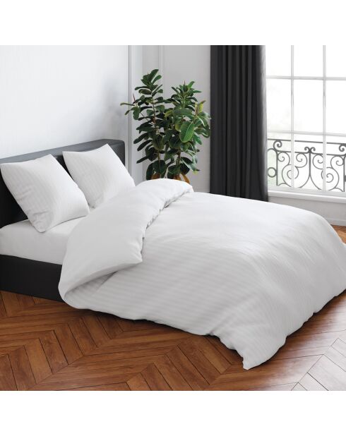 Housse de couette + 2 taies d'oreiller satin de coton rayure tissé Jacquard blanc - 260x240 cm + 2x(63x63 cm)