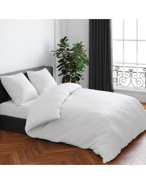 Housse de couette + 2 taies d'oreiller satin de coton rayure tissé Jacquard blanc - 260x240 cm + 2x(63x63 cm)