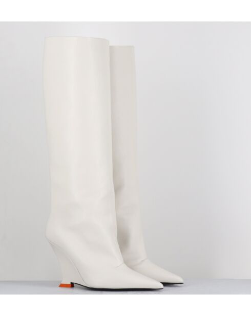 Cremefarbene hohe Lederstiefel - 10 cm Absatz