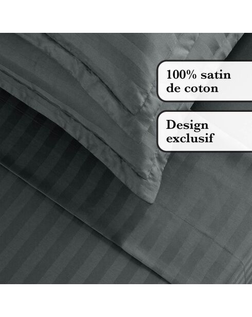 Dunkelgraues Dobby-Bettwäsche-Set aus gewebtem Baumwollsatin, gestreift, +2 x (90 x 200 x 30 cm) + 2 x (63 x 63 cm)
