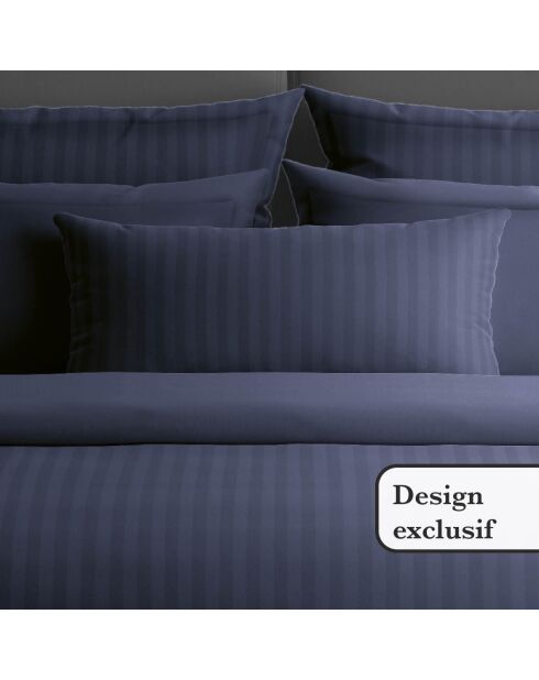 Drap plat satin de coton rayure tissé dobby bleu foncé