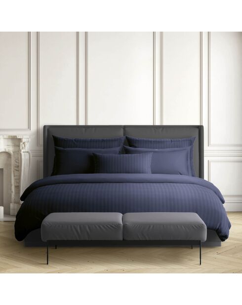 Drap plat satin de coton rayure tissé dobby bleu foncé