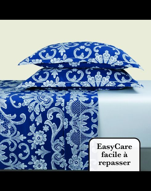 Ensemble de draps satin de coton Passementerie bleu + 180x200x30 cm + 2x(63x63 cm)