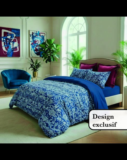 Funda de edredón y funda de almohada con adornos de algodón azul satinado, 240 x 220 cm, 2 x 63 cm