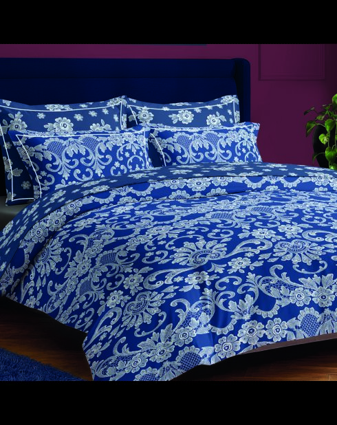 Funda de edredón y funda de almohada con adornos de algodón azul satinado, 240 x 220 cm, 2 x 63 cm