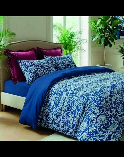 Funda de edredón y funda de almohada con adornos de algodón azul satinado, 240 x 220 cm, 2 x 63 cm