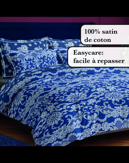 Funda de edredón y funda de almohada con adornos de algodón azul satinado, 240 x 220 cm, 2 x 63 cm