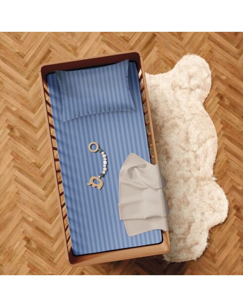 Housse de couette + taie d'oreiller bébé satin de coton rayure tissé Jacquard bleu - 100x135 cm + 40x60 cm