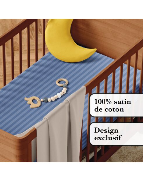Housse de couette + taie d'oreiller bébé satin de coton rayure tissé Jacquard bleu - 100x135 cm + 40x60 cm