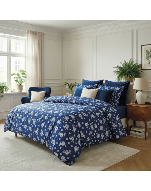 2 dunkelblaue Kissenbezüge aus Baumwollsatin Blossom, 63 x 63 cm