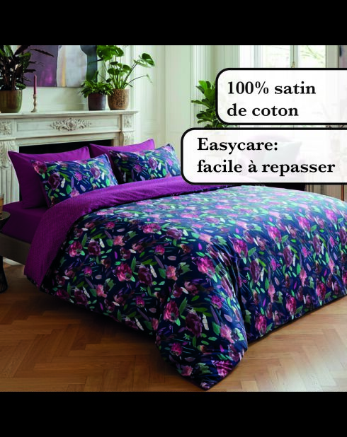 Drap plat satin de coton Arty flowers bleu foncé