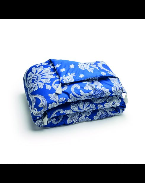 Trapunta con nappine in cotone satinato e passamaneria blu - 140x200 cm