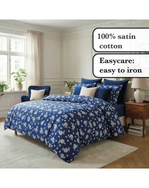 2 dunkelblaue Kissenbezüge Blossom aus Baumwollsatin, 50 x 70 cm