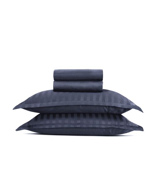 Dunkelblaues Dobby-Bettlakenset aus gewebtem Baumwollsatin mit Streifen+160x200x30 cm+2x (63x63 cm)