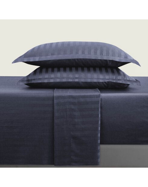 Dunkelblaues Dobby-Bettlakenset aus gewebtem Baumwollsatin mit Streifen+160x200x30 cm+2x (63x63 cm)