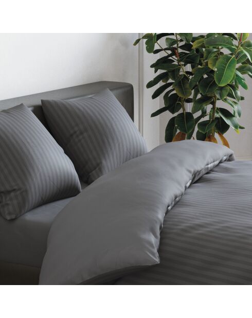 Taie d'oreiller satin de coton rayure tissé Jacquard gris foncé - 50x70 cm