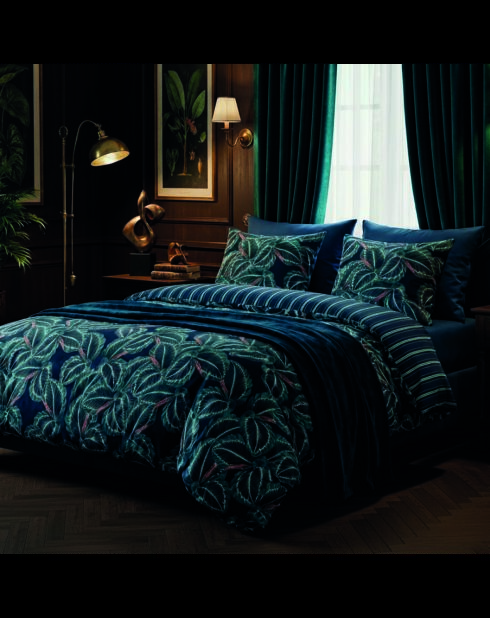 Piumino Calathea in raso di cotone con nappine blu scuro - 140x200 cm