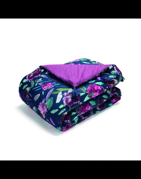 Trapunta con nappine in raso di cotone Arty flowers blu scuro - 140x200 cm