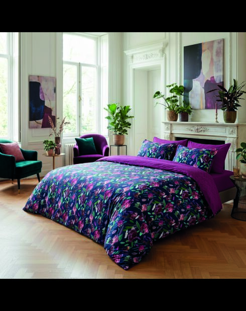 Trapunta con nappine in raso di cotone Arty flowers blu scuro - 140x200 cm