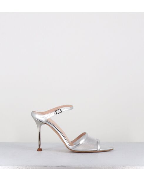 Sandalias de tacón alto de piel plateada tipo mules - Tacón de 10 cm