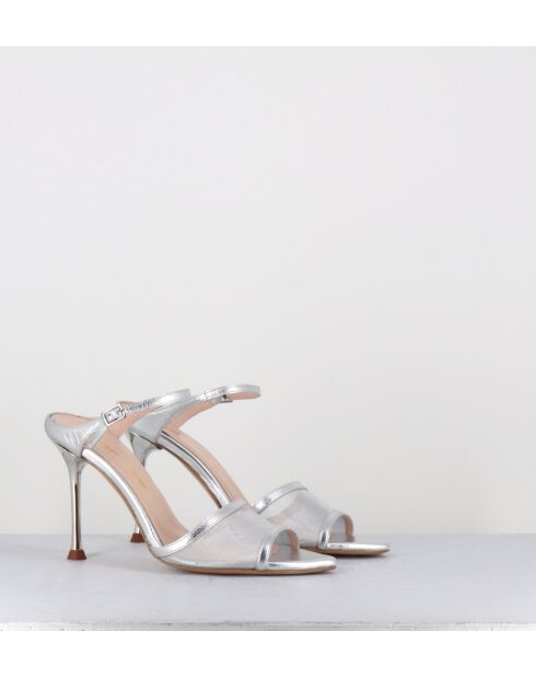 Sandalias de tacón alto de piel plateada tipo mules - Tacón de 10 cm