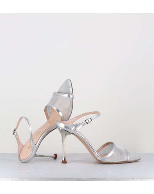 Sandalias de tacón alto de piel plateada tipo mules - Tacón de 10 cm