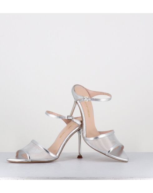 Sandalias de tacón alto de piel plateada tipo mules - Tacón de 10 cm
