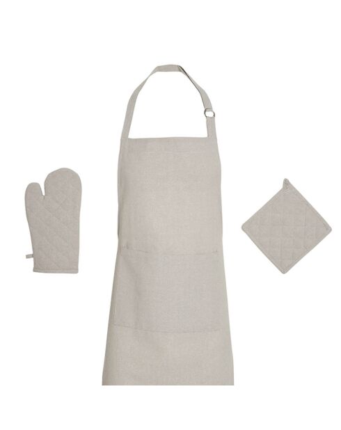 Set de delantal, guante de cocina y agarradera Chambray en color topo