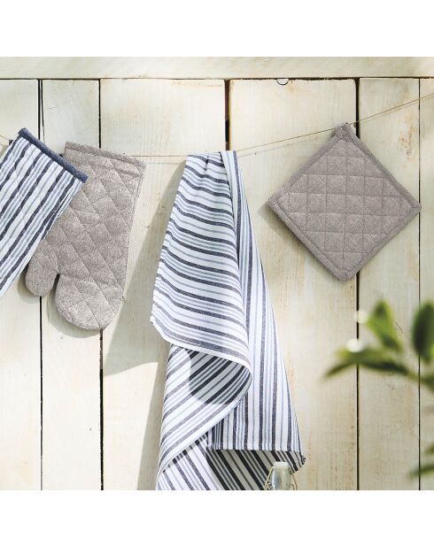 Set de delantal, guante de cocina y agarradera Chambray en color topo