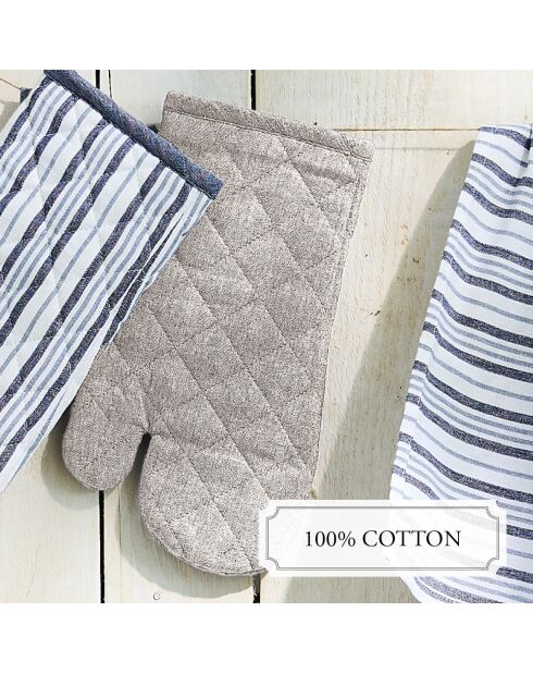 Set de delantal, guante de cocina y agarradera Chambray en color topo