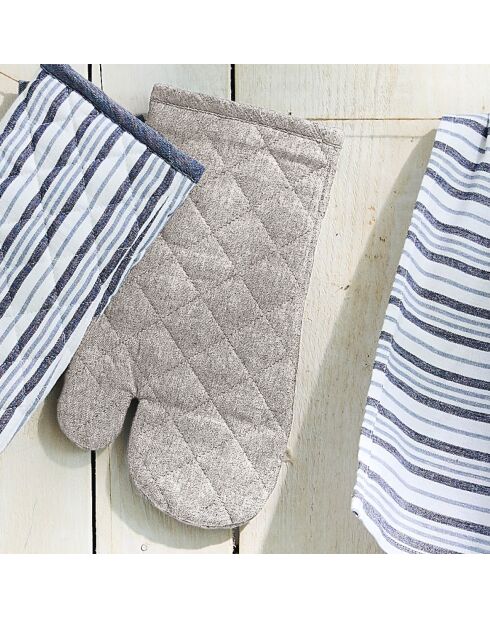 Set de delantal, guante de cocina y agarradera Chambray en color topo