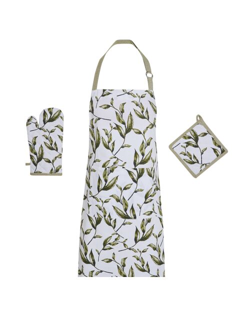Set de delantal, guante y agarradera Natur'elle, color blanco