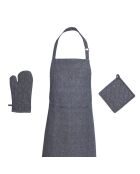 Set de delantal, guante de cocina y agarradera de cambray azul oscuro