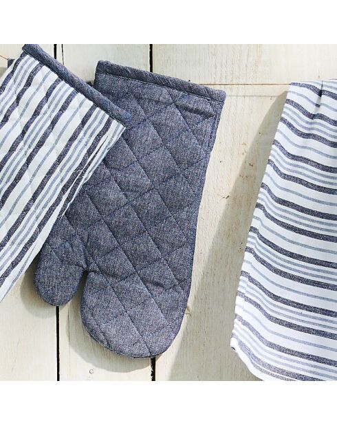 Set de delantal, guante de cocina y agarradera de cambray azul oscuro