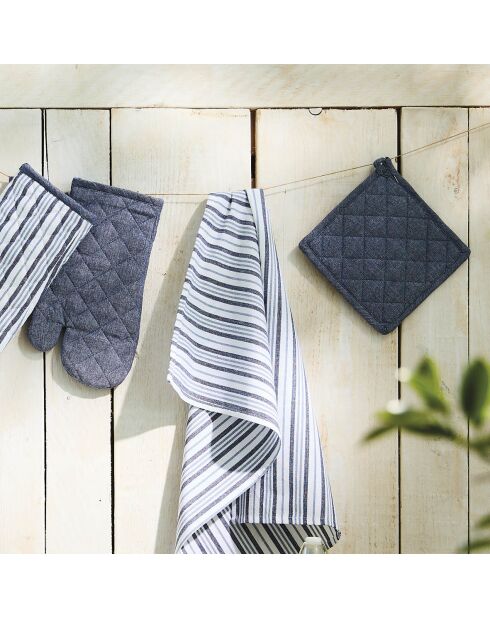 Set de delantal, guante de cocina y agarradera de cambray azul oscuro