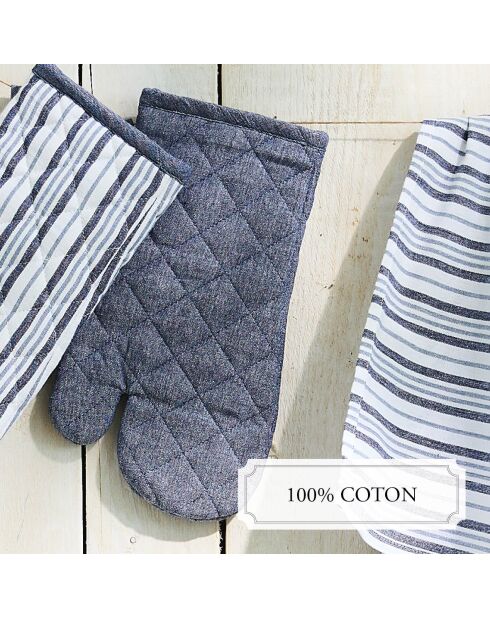 Set de delantal, guante de cocina y agarradera de cambray azul oscuro