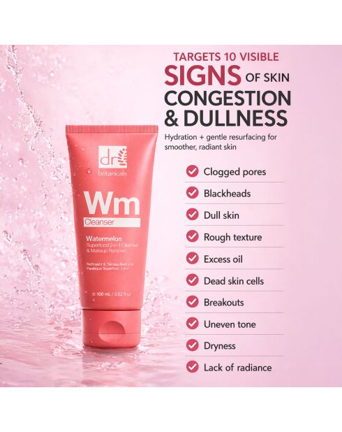 Nettoyant et démaquillant 2 en 1 à la pastèque, à base d'acide glycolique, d'acide salicylique et d'acide lactique - 100 ml