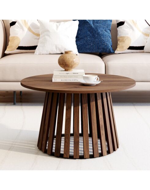 Runder Couchtisch Camélia mit Lattenbeinen in Nussbaumoptik - 70x70x40 cm