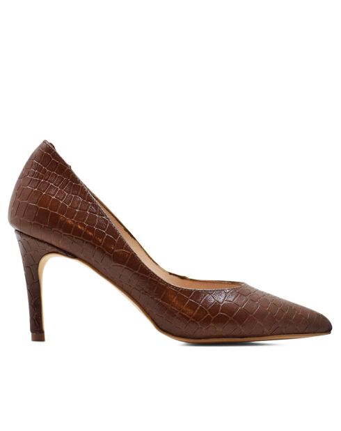 Escarpins Camile en cuir effet crocodile marron - Talon : 8cm