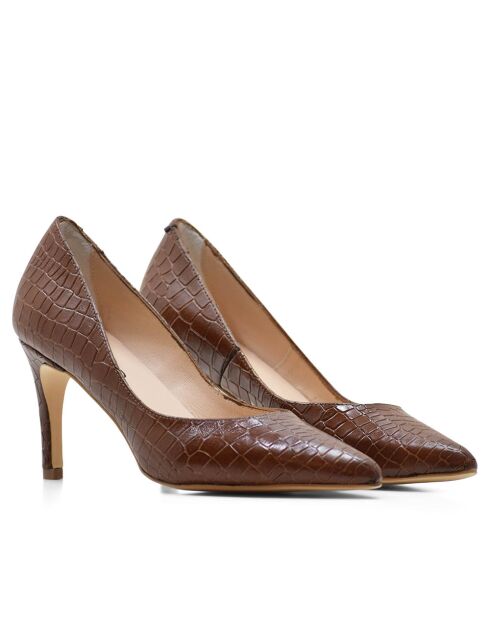 Escarpins Camile en cuir effet crocodile marron - Talon : 8cm